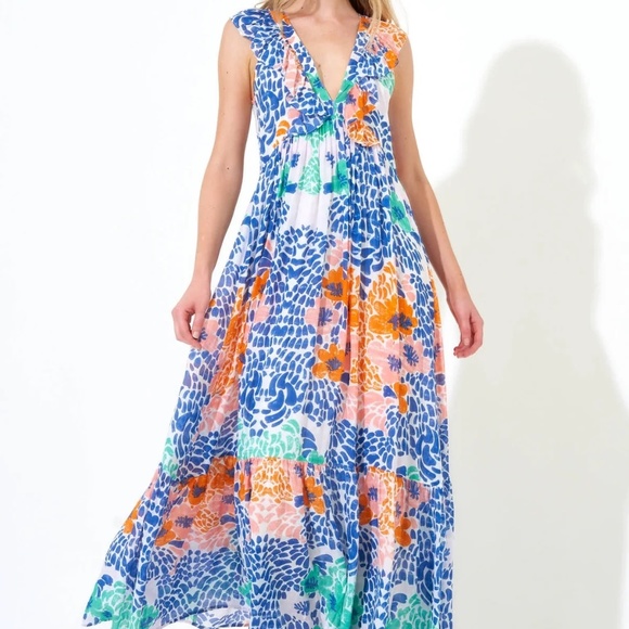 Oliphant Ruffle V-Neck Maxi Dress in Antigua Blue - Picture 2 of 3